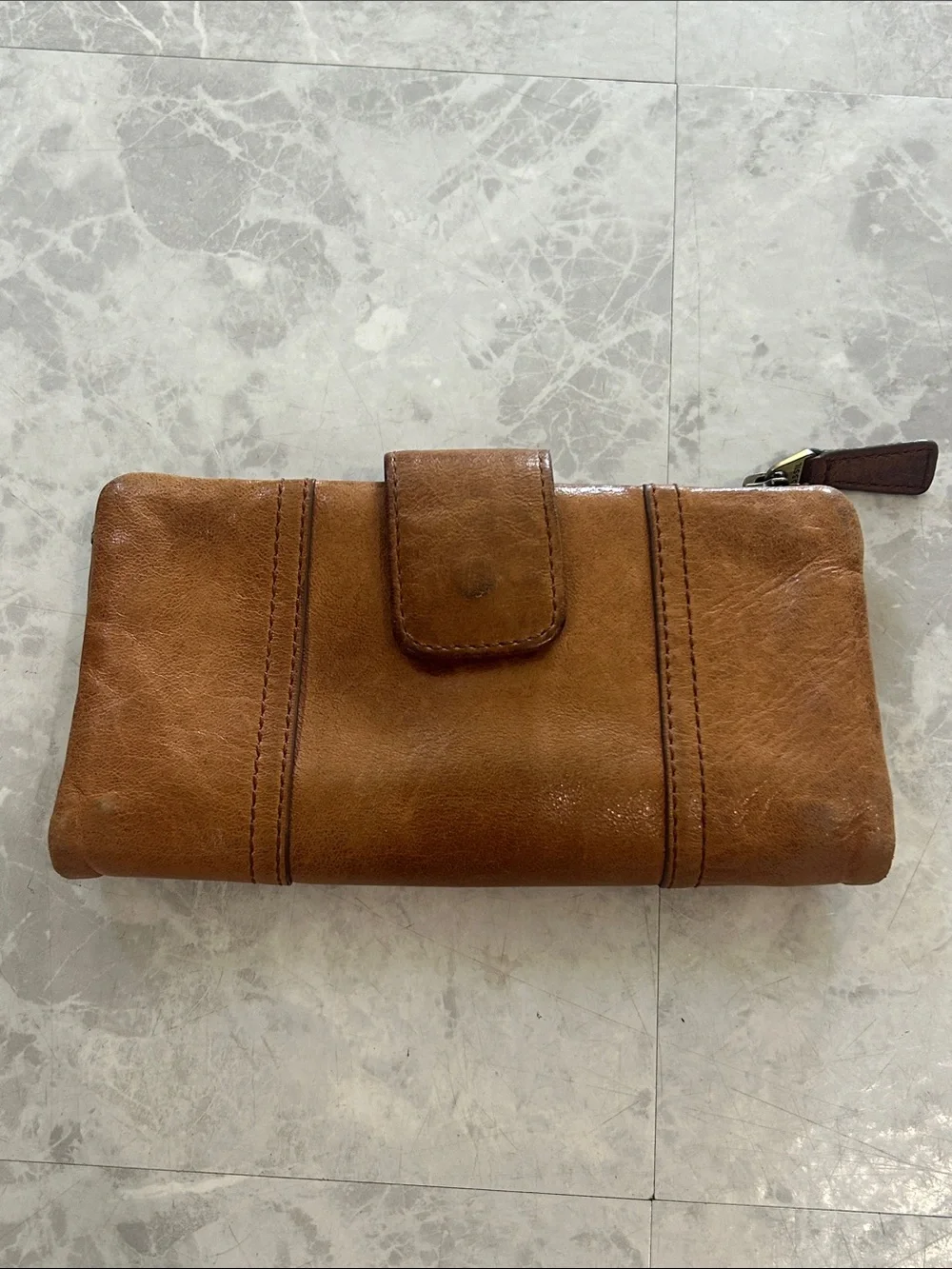 Fossil Tan Leather Zip-Around Wallet with Brass Logo Plate